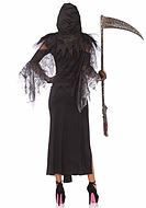 Kvinnlig Döden / Liemannen, maskeradklänning med hög slits, midjeband och huva